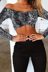 Grey Off Shoulder Snake Print Long Sleeve Crop Top
