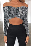 Grey Off Shoulder Snake Print Long Sleeve Crop Top