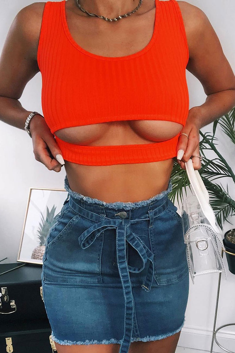 Mid Blue Paperbag Frayed Hem Denim Mini Skirt