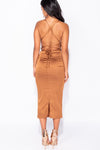 Brown Satin Cowl Neck Bodycon Midi Dress