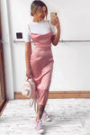 Pink Satin Cowl Neck Bodycon Midi Dress