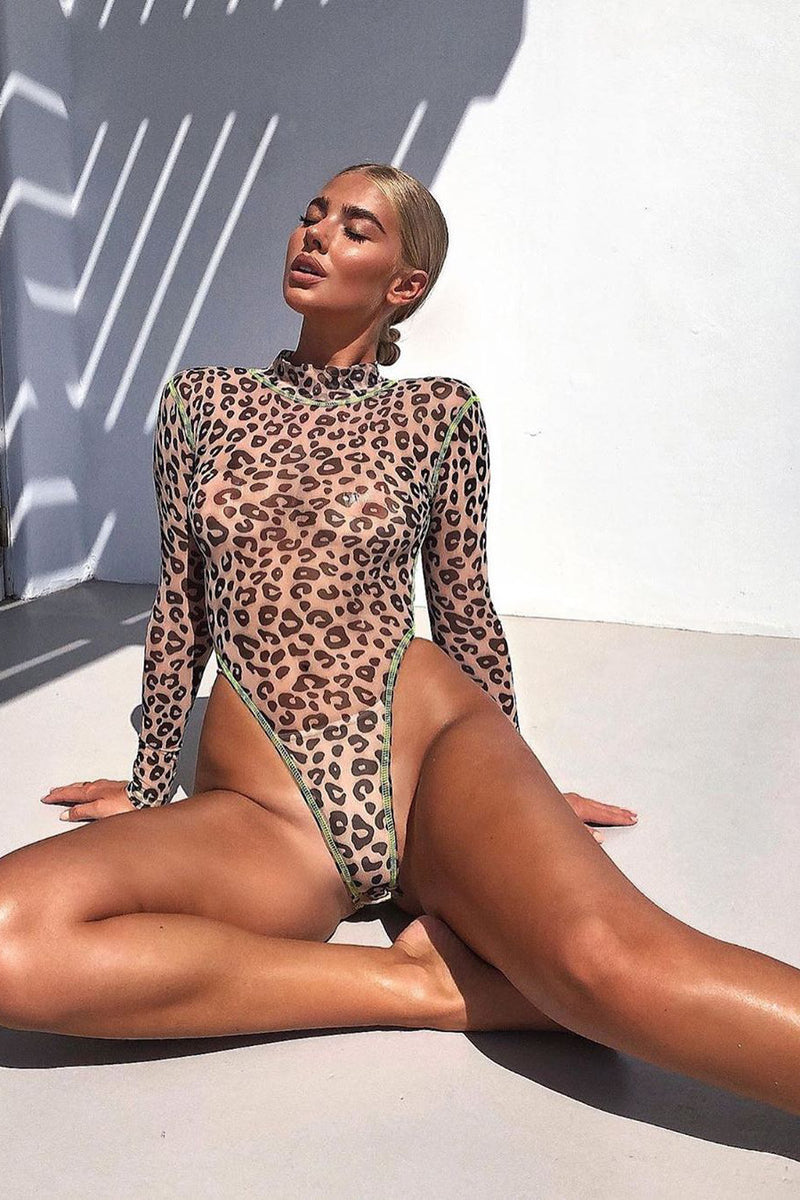 Leopard Print Sheer Mesh High Neck Long Sleeve Bodysuit