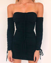 Black Ruched Off Shoulder Long Sleeve Mini Dress