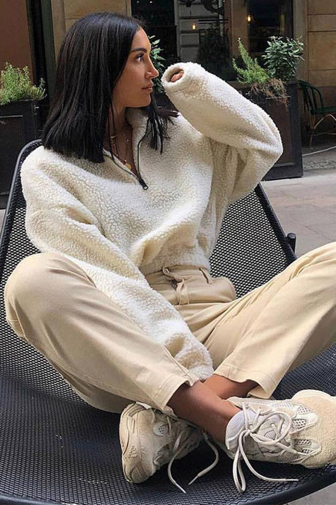 Cream Zip Front Cropped Teddy Pullover