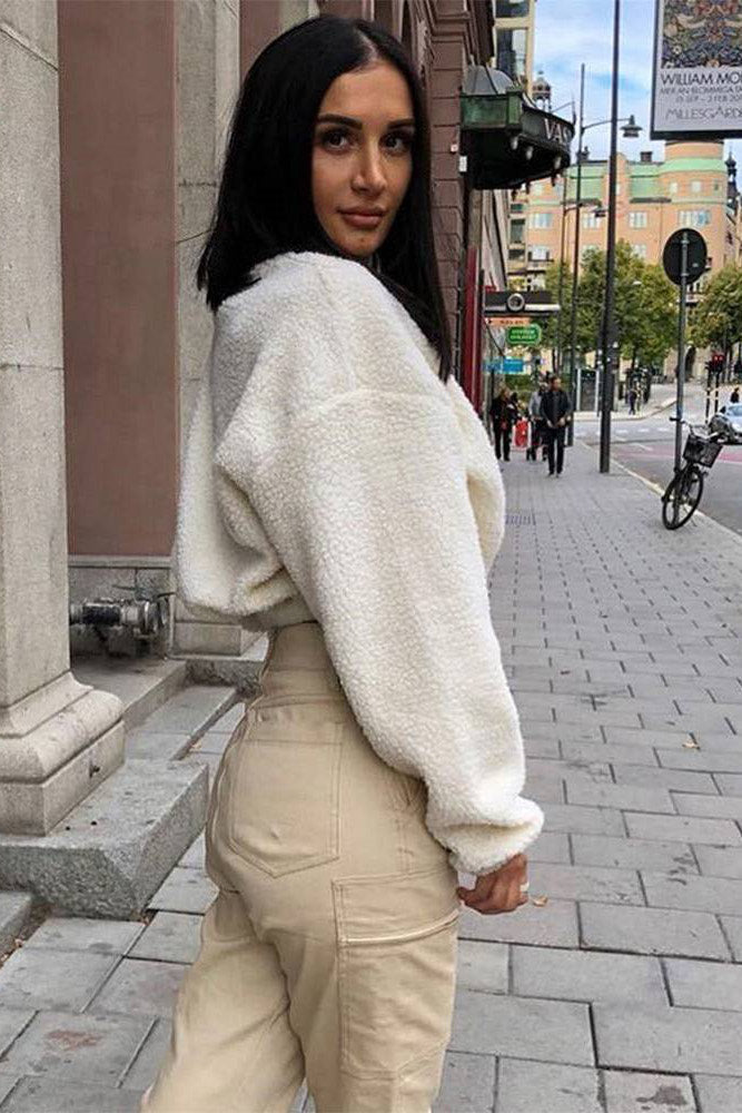 Cream Zip Front Cropped Teddy Pullover