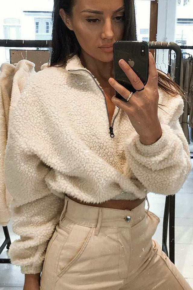 Cream Zip Front Cropped Teddy Pullover