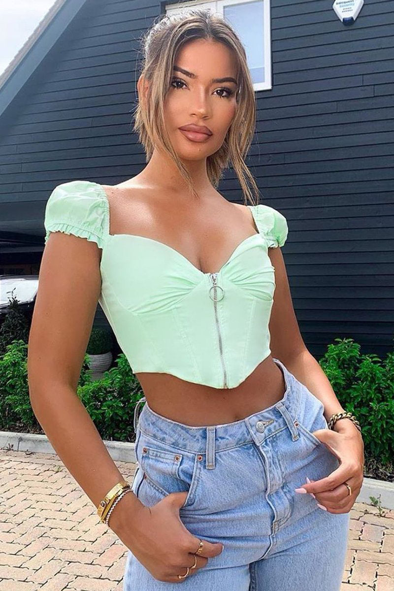 Mint Zip Puff Sleeve Milkmaid Crop Top