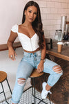 White Zip Puff Sleeve Milkmaid Crop Top