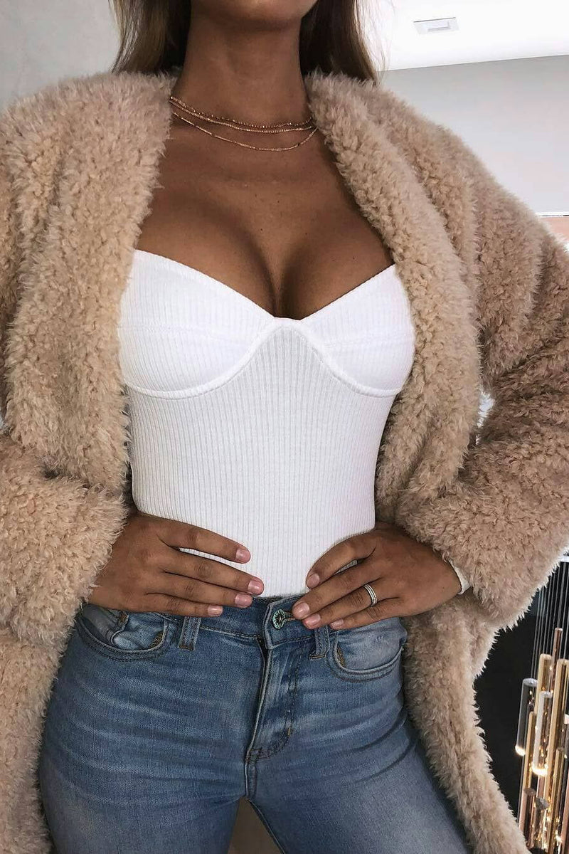 White Ribbed Long Sleeve Bustier Bodysuit