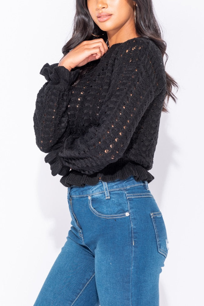 Black Pontelle Frill Hem Cropped Jumper