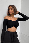 Black Ruched Rib Off Shoulder Crop Top