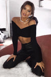 Black Ruched Rib Off Shoulder Crop Top