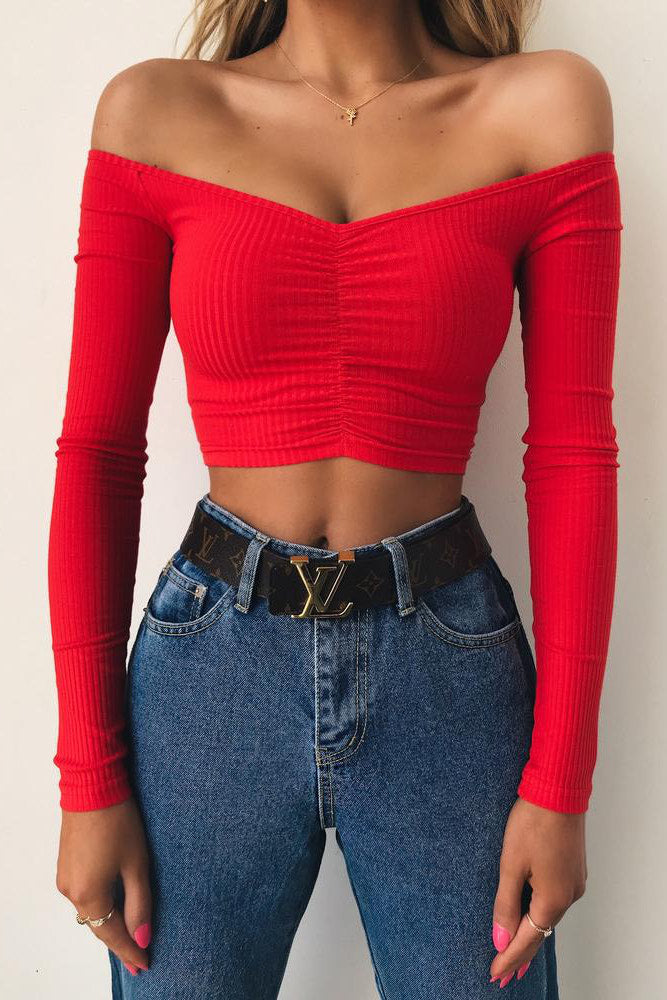 Red Ruched Rib Off Shoulder Crop Top
