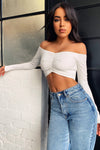 White Ruched Rib Off Shoulder Crop Top