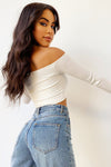 White Ruched Rib Off Shoulder Crop Top