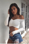 White Ruched Rib Off Shoulder Crop Top