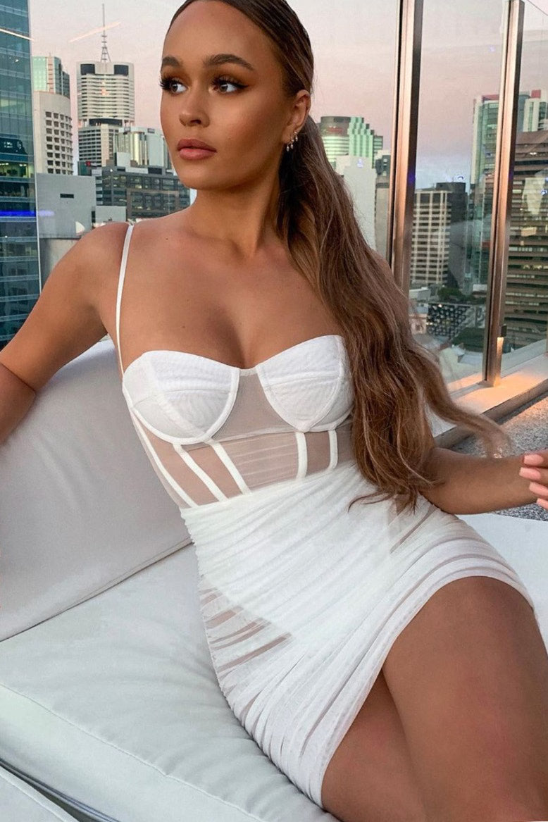 White Sheer Mesh Ruched Bustier Mini Dress