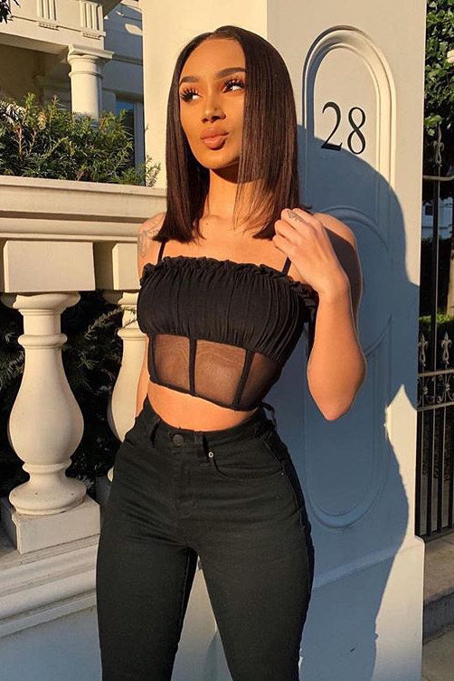 Black Ruffled Mesh Spaghetti Strap Crop Top