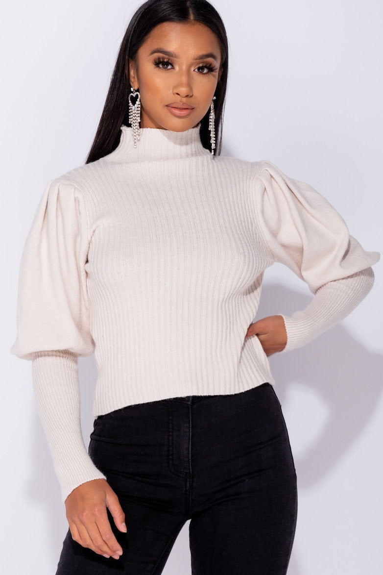 Stone Puff Sleeve High Neck Knitted Jumper