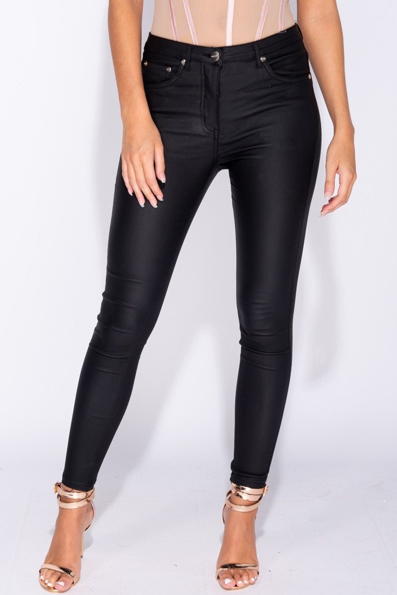 Black PU Coated Mid Rise Skinny Jeans