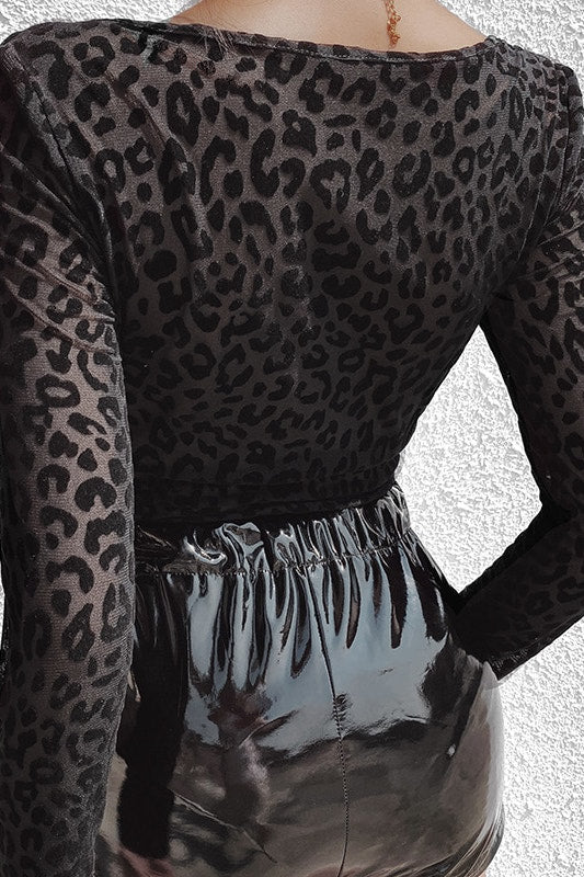 Black Velvet Leopard Print Bustier Mesh Bodysuit