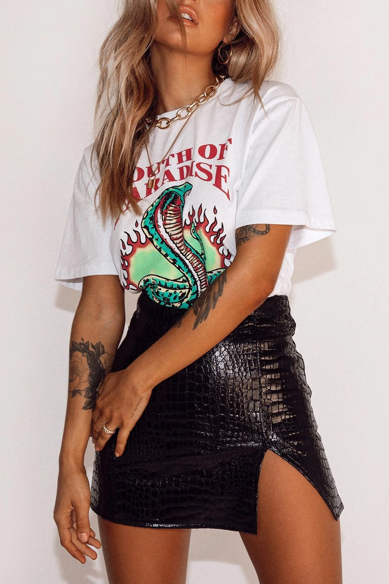 Burgundy Croc Print Faux Leather Mini Skirt