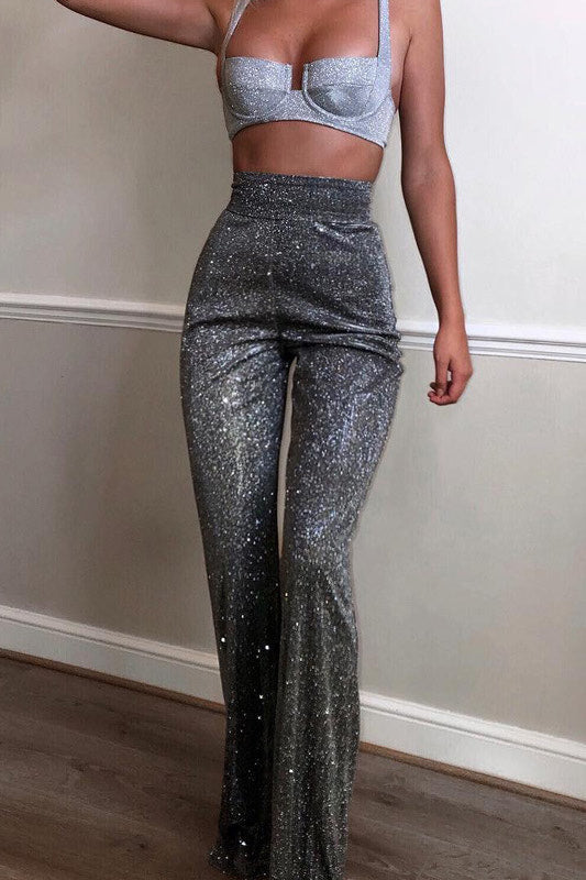Silver Sparkly Glitter Wide Leg Trousers