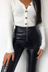 Black Faux Leather Zip Front Croc Trousers