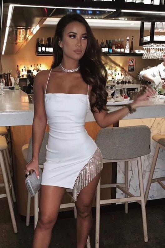 White Embellished Diamante Trim Mini Dress