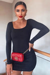 Black Rib Knit Square Neck Long Sleeve Bodycon Dress