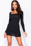 Black Rib Knit Square Neck Long Sleeve Bodycon Dress