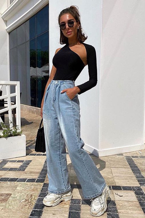 Black One Sleeve Asymmetric Bodysuit