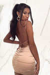Champagne Satin Backless Ruched Mini Dress