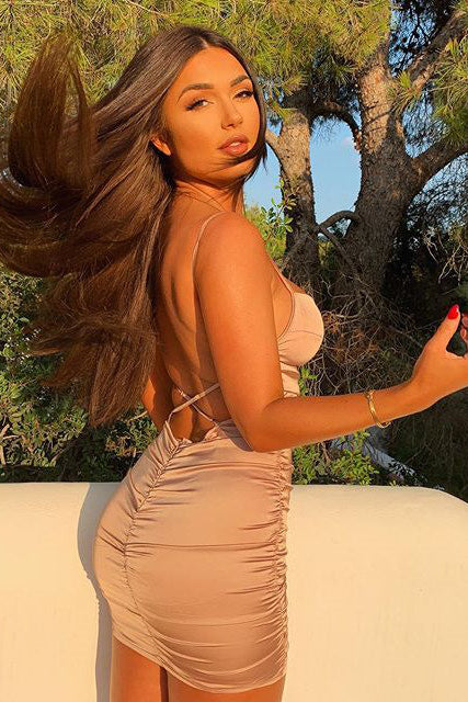 Champagne Satin Backless Ruched Mini Dress