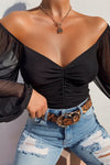 Black Mesh Off Shoulder Drawstring Crop Top