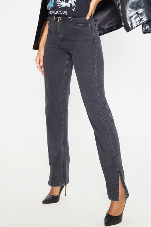 Washed Black Split Hem Straight Leg Denim Jeans