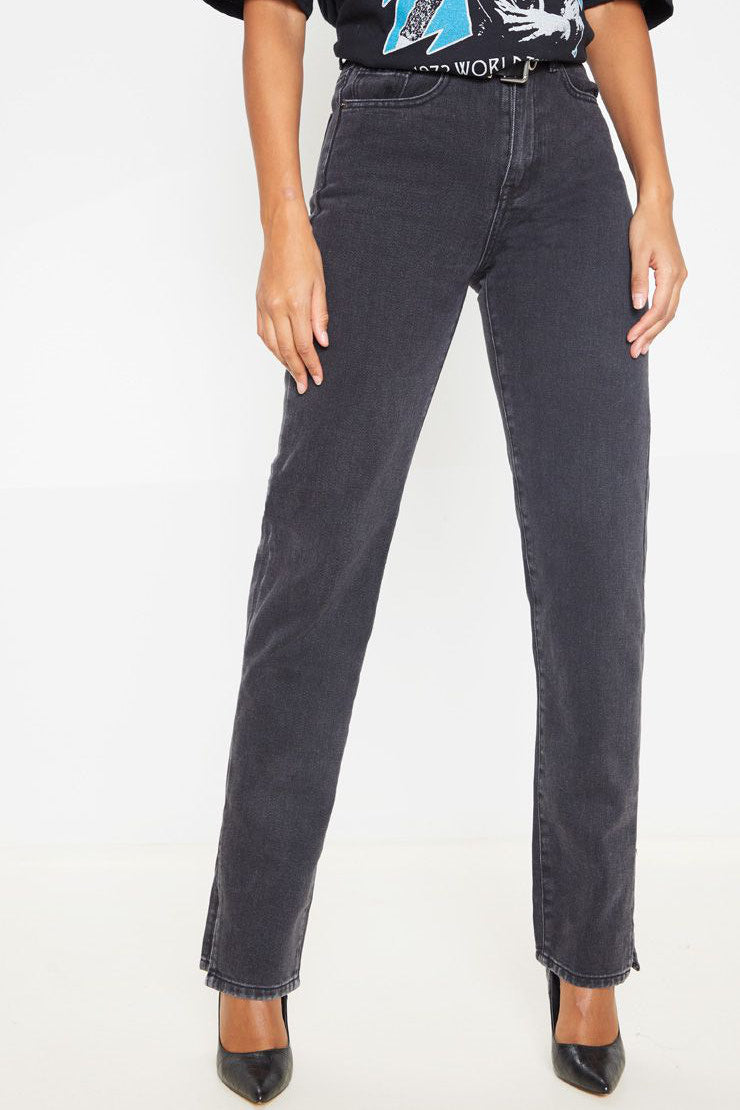 Washed Black Split Hem Straight Leg Denim Jeans