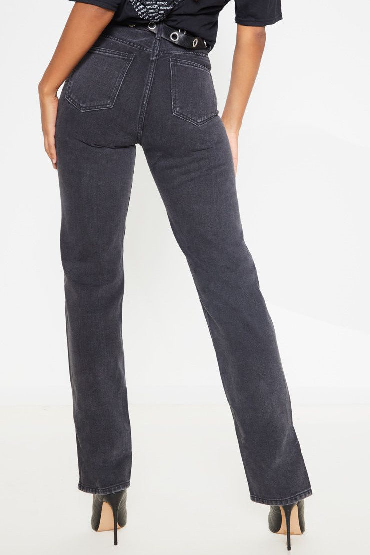Washed Black Split Hem Straight Leg Denim Jeans
