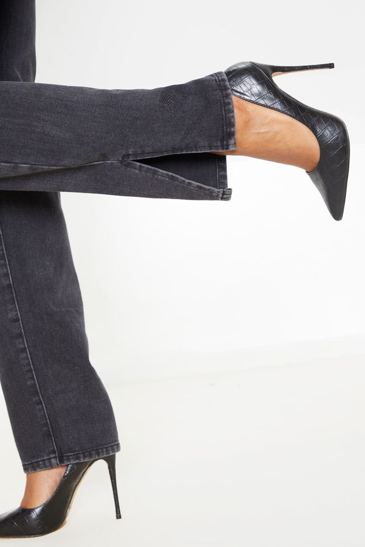 Washed Black Split Hem Straight Leg Denim Jeans