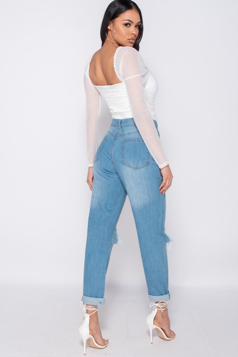 Cream Ruched Sheer Puff Sleeve Bodysuit
