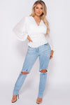 White Puff Sleeve Ruched Wrap Front Top