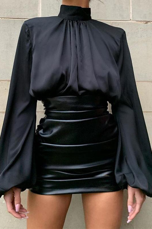 Black Satin Balloon Sleeve High Neck Crop Top