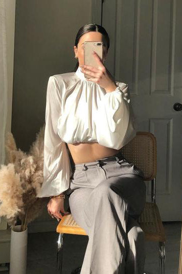 Black Satin Balloon Sleeve High Neck Crop Top