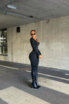 Black Seamless Plunge Long Sleeve Jumpsuit