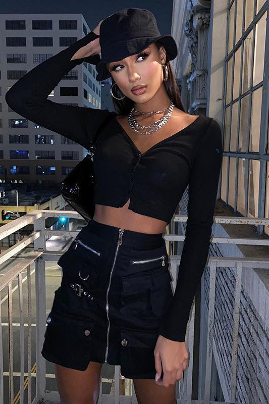 Black Ribbed Long Sleeve Cropped Cardigan