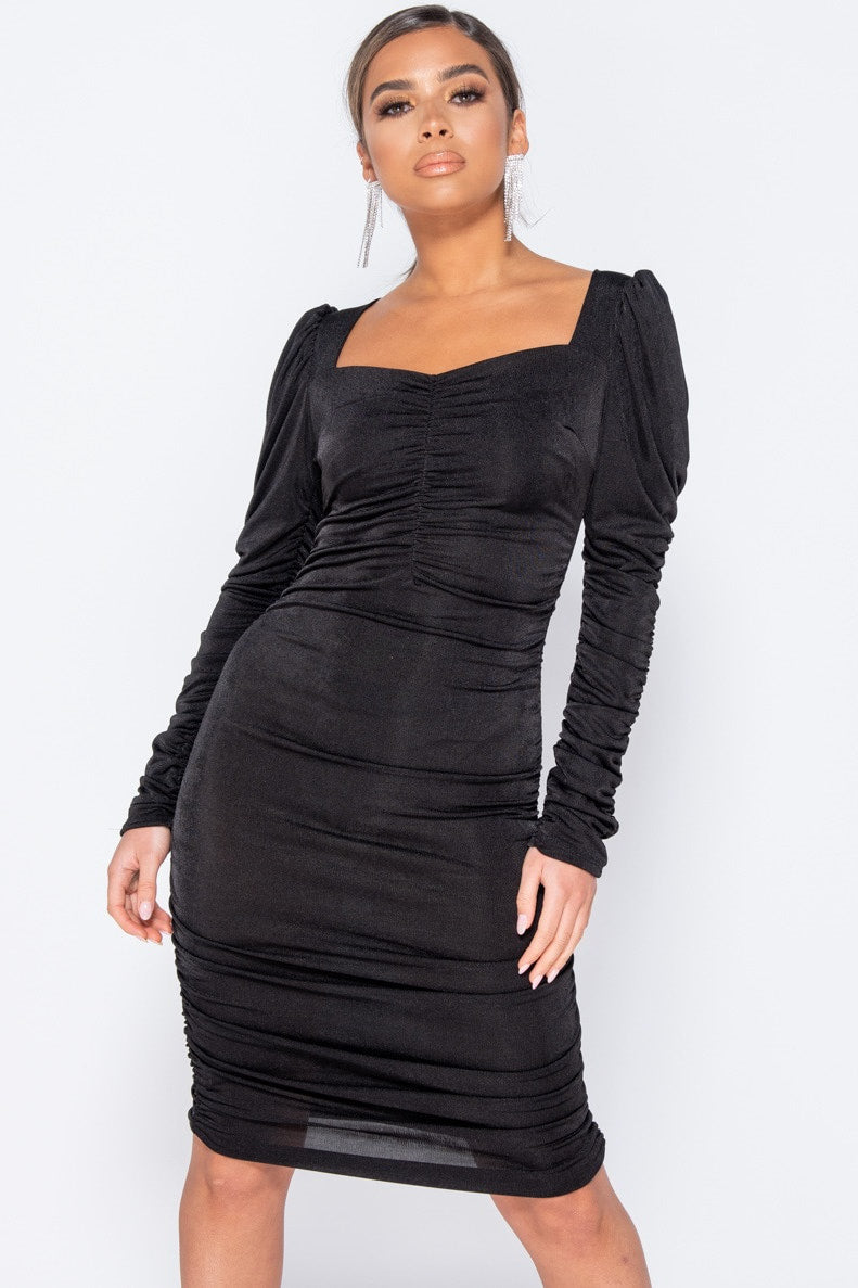 Black Puff Sleeve Ruched Sweetheart Neck Midi Dress