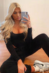 Black Ruched Sleeve High Leg Bodysuit