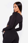 Black Ruched Sleeve High Leg Bodysuit