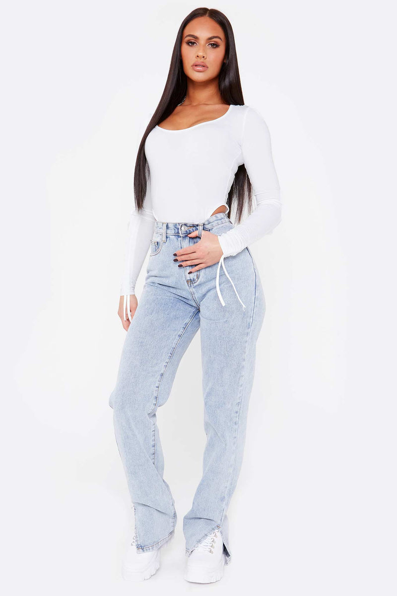 White Ruched Sleeve High Leg Bodysuit