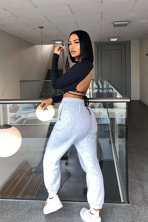 Black High Neck Tie Back Crop Top